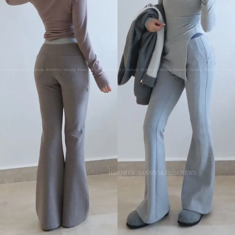 桑蚕丝羊毛绒微喇裤腰头拼色秋冬高腰保暖显瘦拖地运动喇叭裤女