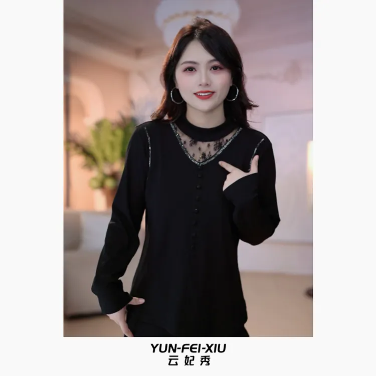 云妃秀大码女装T恤圆领蕾丝内搭时尚宽松显瘦遮肉胖妹妹冬季5248