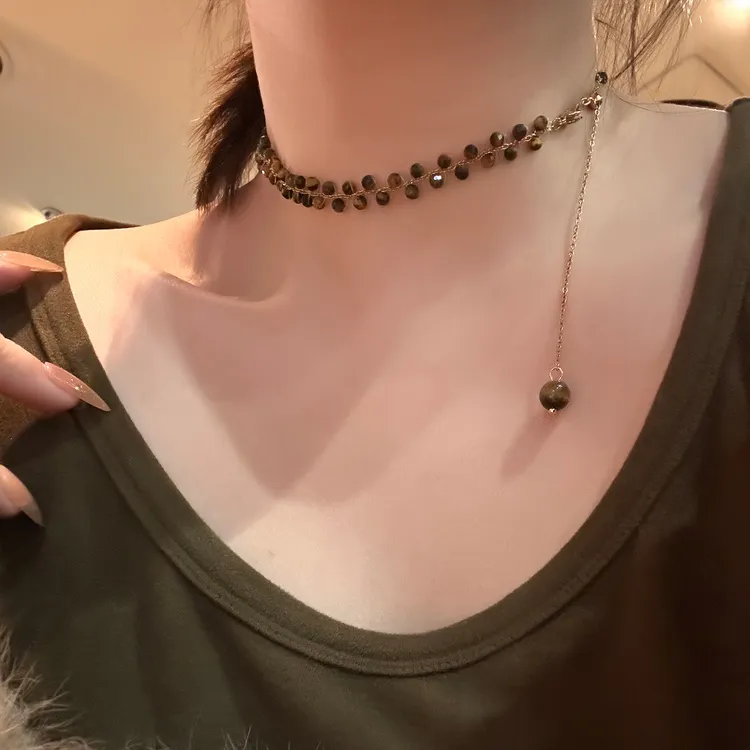 oushipei/欧诗佩 铜合金项链 秋冬美拉德风仿虎眼石串珠项链颈链