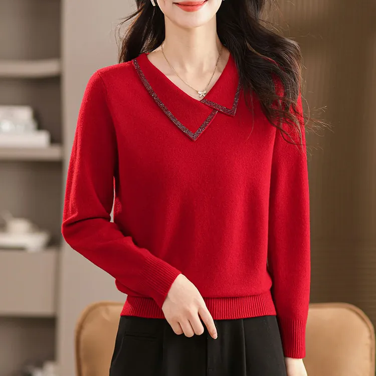 100%纯羊毛衫女士气质上衣秋冬新款中老年妈妈装洋气翻领针织毛衣