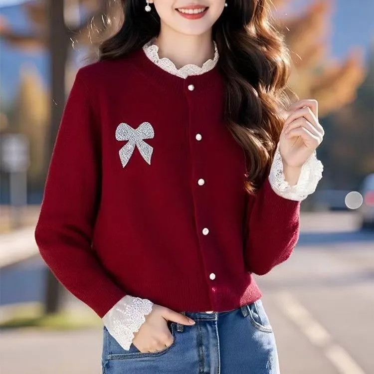 法式甜美蕾丝花边新款蝴蝶结针织开衫秋冬季温柔气质毛衣外套上衣