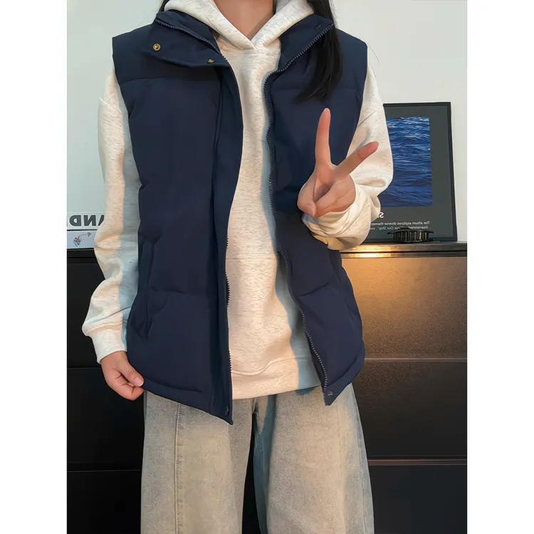 藏青色短款棉服马甲男秋冬潮牌无袖外穿背心体育运动叠穿立领外套