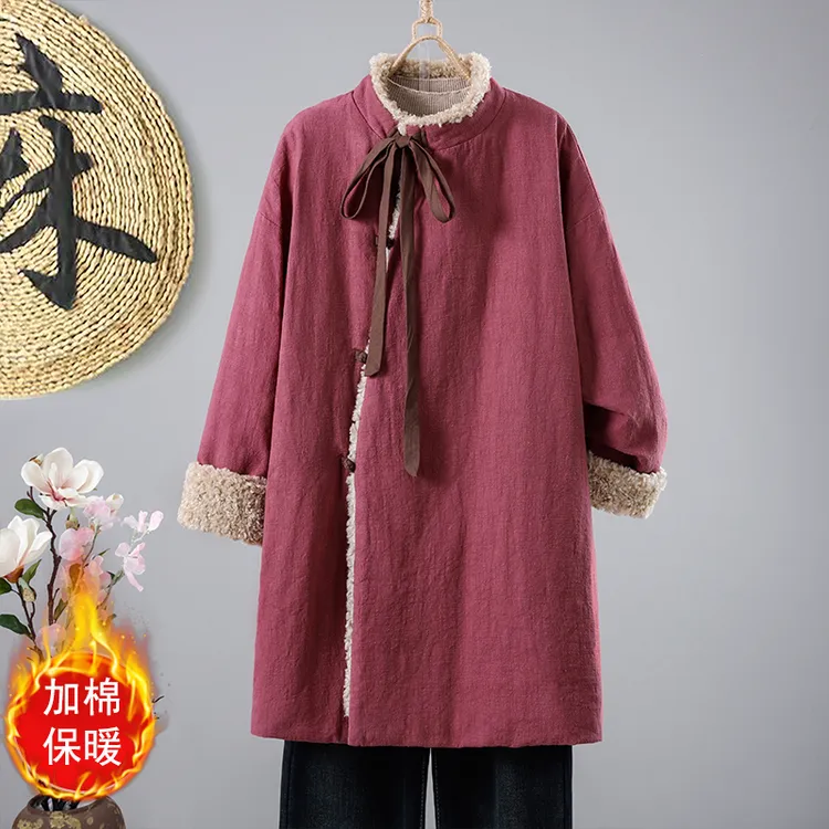 设计款亚麻礼物加厚棉服女2025冬新款复古国风气质时尚保暖中长款