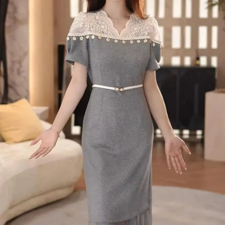 气质V领蕾丝拼接灰色短袖连衣裙2025夏季新款收腰显瘦网纱半身裙
