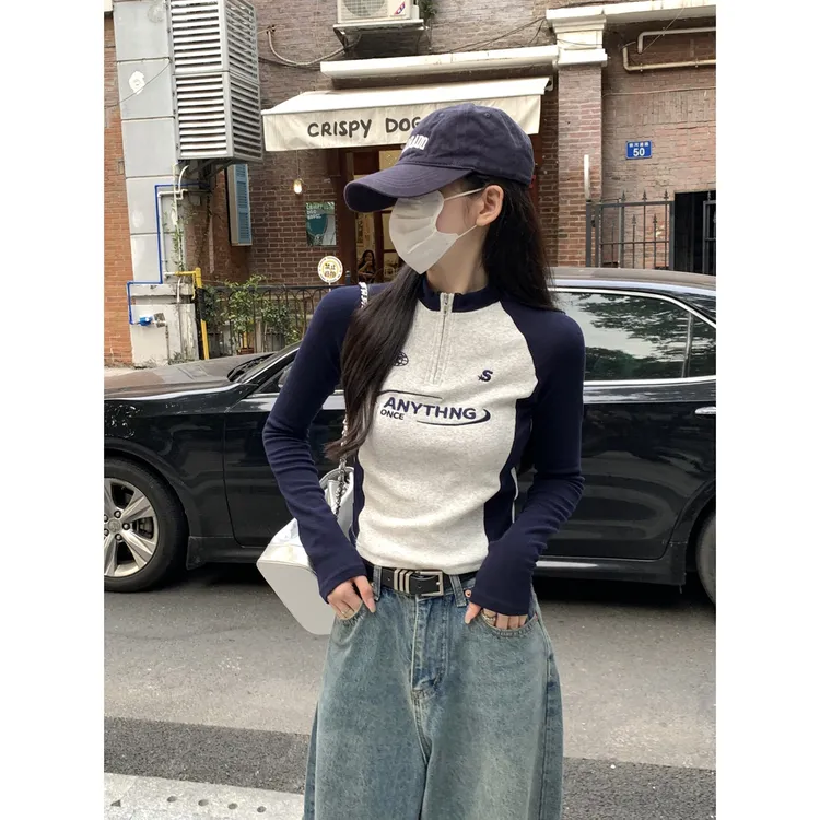 秋季韩版半高领拉链美式复古撞色插肩刺绣长袖T恤女上衣春秋显瘦