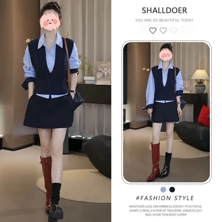 2025早秋新款针织背心马甲学院风休闲条纹衬衫百搭舒适裙裤套装女