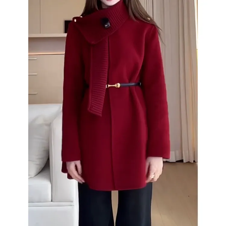时尚高级感气质加厚红色毛呢外套女2025冬季新款宽松优雅百搭大衣