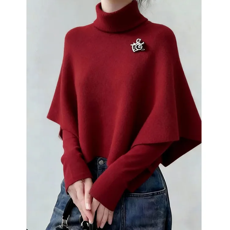 秋冬新款针织衫慵懒高级感跨年圣诞氛围感穿搭红色假两件斗篷毛衣