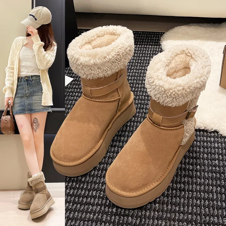 2025真皮羊糕绒雪地靴女厚底加绒冬季短靴东北棉靴厚底中筒保暖靴