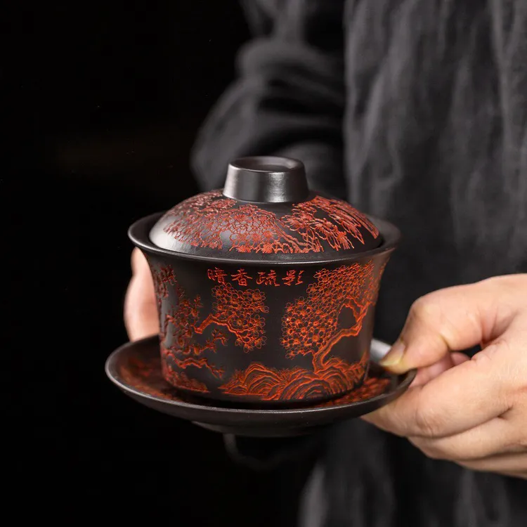 手工刻绘暗香疏影紫砂三才盖碗家用办公室泡茶功夫茶具原矿泡茶碗商品图