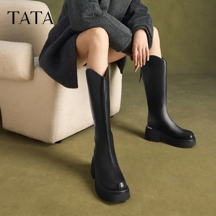TATA他她气质V口骑士靴女靴子厚底长筒靴弹力靴加绒秋冬CCN02DG4