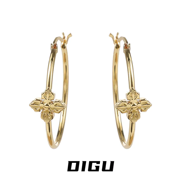 嘀咕家 铜合金耳饰 欧美复古十字花耳圈简约金属耳环女轻奢耳饰
