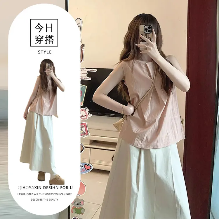 新中式国风穿搭粉色无袖衬衫女装2025夏季新款衬衣小众冷淡风上衣