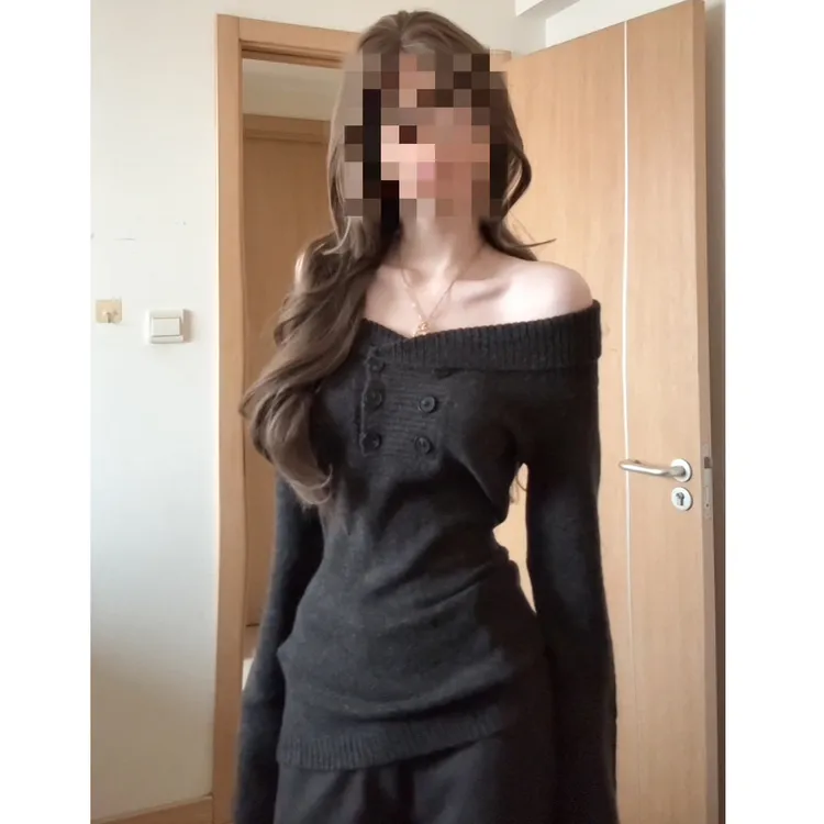 韩系松弛感一字肩针织衫毛衣女秋冬季2025新款宽松慵懒风长袖上衣