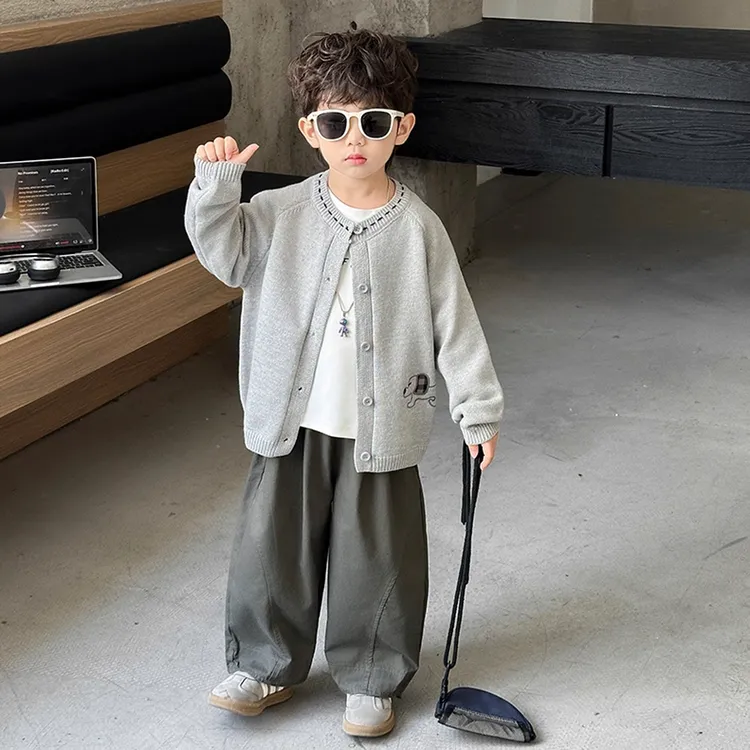 男童套装春秋季2025年款衣服儿童开衫潮酷痞帅童装宝宝毛衣三件套