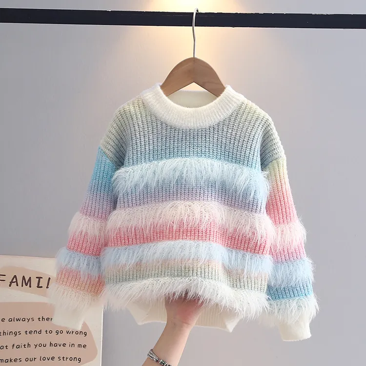 女童毛衣公主风秋冬新款圆领渐变上衣条纹针织中小童长袖打底毛衫