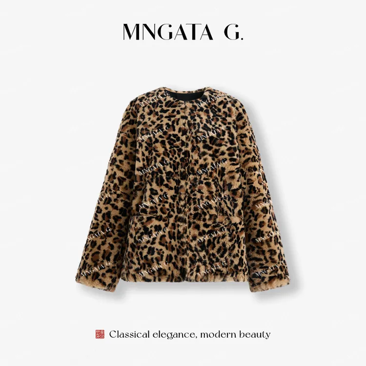 MNGATA G.宫小妍 雷克斯豹纹 进口獭兔毛宽松休闲百搭外套5091760