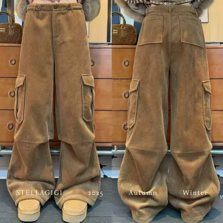 SG / 杨依姗 AW复古街头多口袋加绒坑条灯芯绒工装裤K-20252563