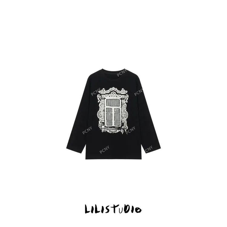 PCNY「花窗絮语」不理理冬季新款小众女装时尚印花宽松洋气百搭T恤