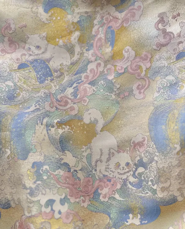 R乘风破浪猫提花混纺宋锦面料手作发夹手作发圈宝宝手工面料布料