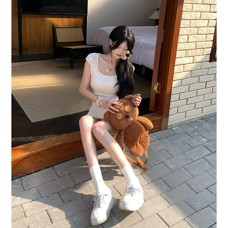 夏季方领修身显瘦气质纯欲辣妹小众高腰短款A字裙6811