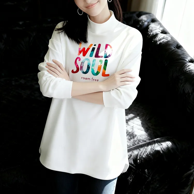 高级感小众2025早秋长袖白色恤女休闲新款宽松百搭高领印花上衣