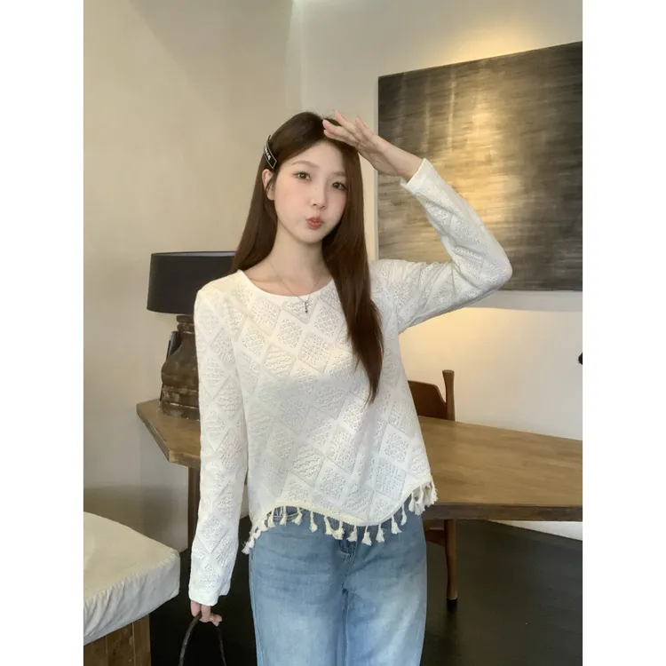 大码设计感流苏针织衫女装秋季独特别致内搭小衫胖MM遮肉显瘦上衣