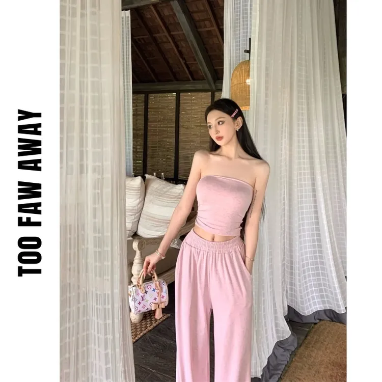 时尚复古小众气质辣妹抹胸自带杯垫裤子套装