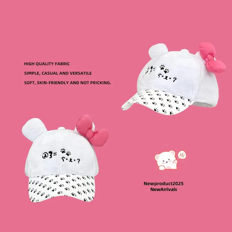 甜美可爱小众颜文字熊掌蝴蝶结鸭舌帽子女夏季甜酷卡通小熊棒球帽