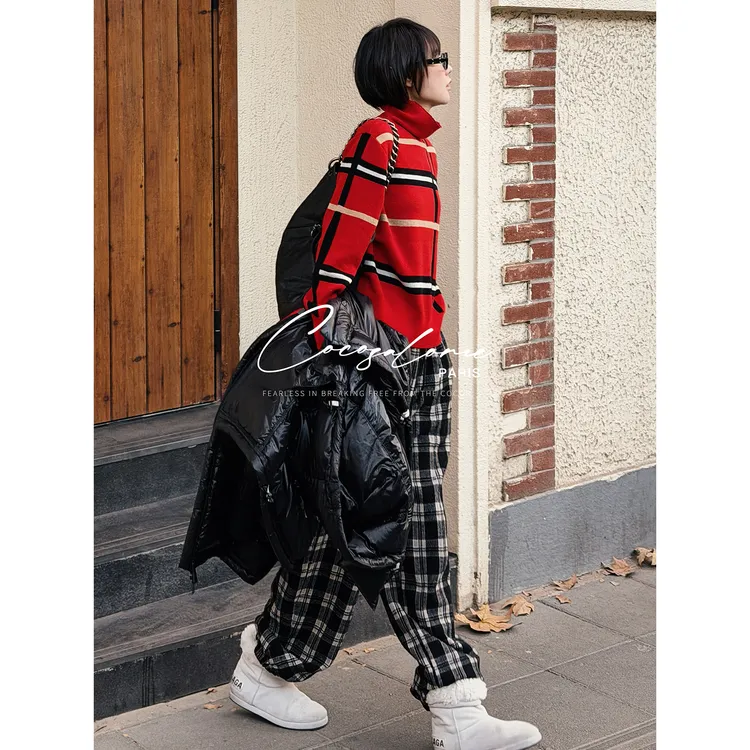 韩彬彬"反转巴黎"100%绵羊毛复古撞色秋冬厚款高领格纹毛衣9508-8