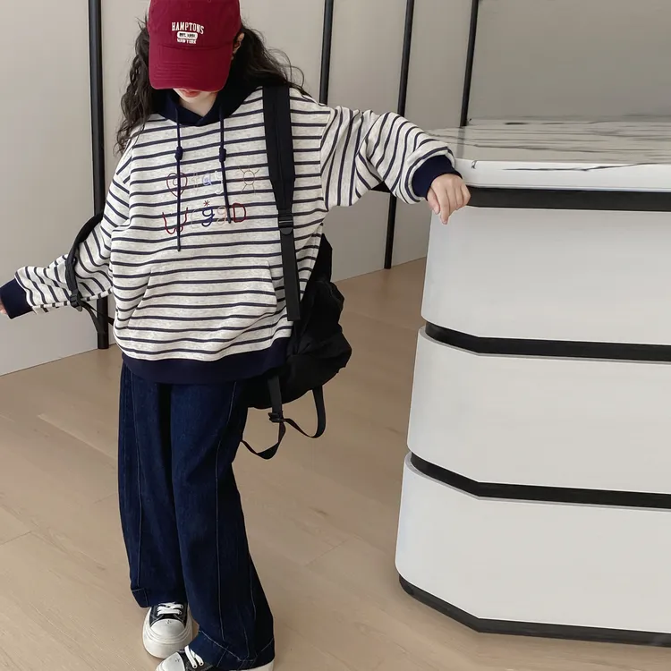 女童秋装套装2025新款儿童韩版休闲连帽条纹卫衣两件套中大童加绒