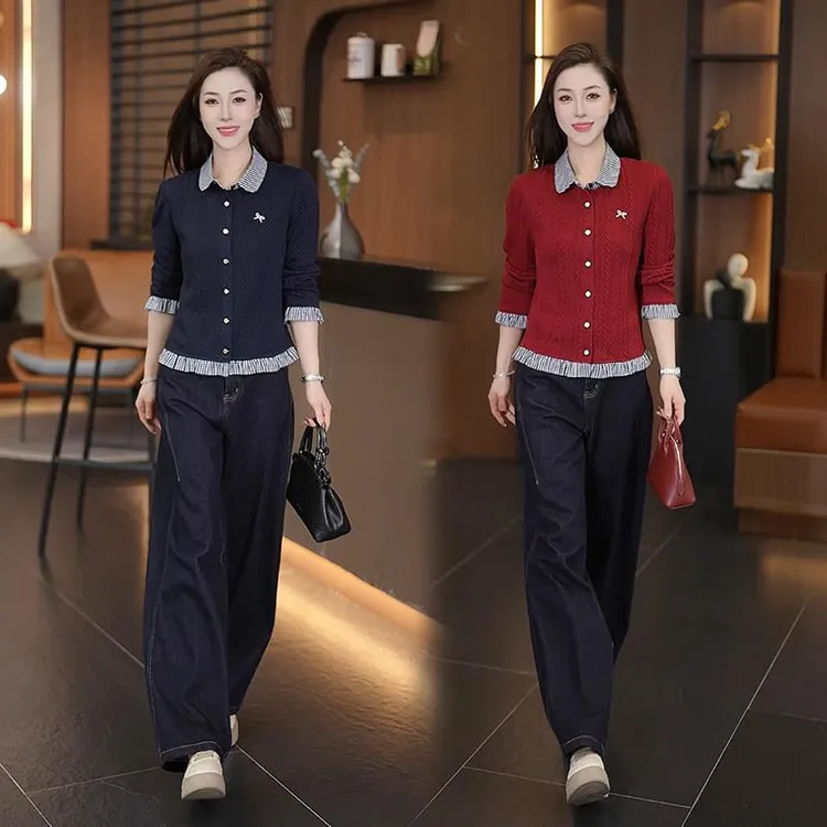 秋季时尚假两件针织毛衣洋气减龄蝴蝶结格子翻领女士气质开衫上衣