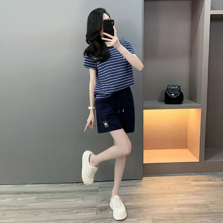 宽松套装韩版阔腿时尚套装百搭休闲减龄显瘦时尚短袖短裤两件套