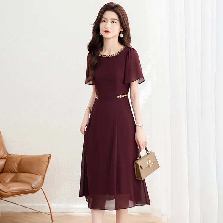 红色连衣裙女夏2025新款喜婆婆妈妈结婚宴礼服高端十三行裙子