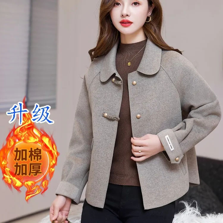 冬季新品毛呢外套女小个子妈妈装加棉加厚双面绒呢子大衣时尚短款