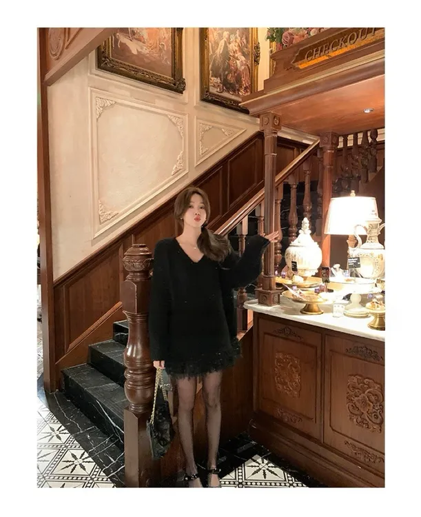 望野集WIdset氛围感圣诞新年红高定重工亮片流苏毛衣连衣裙11303#