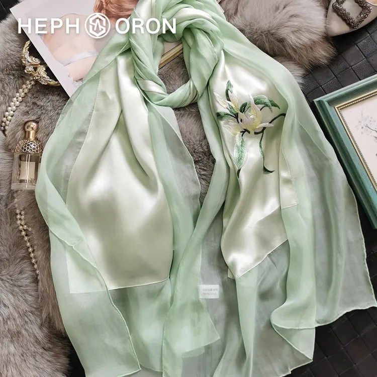 HEPHSORON苏绣丝巾礼盒送妈妈黄色刺绣薄款披肩桑蚕丝真丝围巾