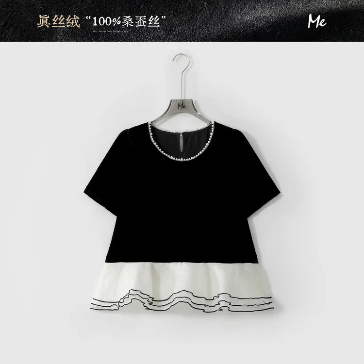 ME【真丝绒荷叶小姐】100桑蚕丝手缝贝珠显瘦时尚百搭上衣MESS4962