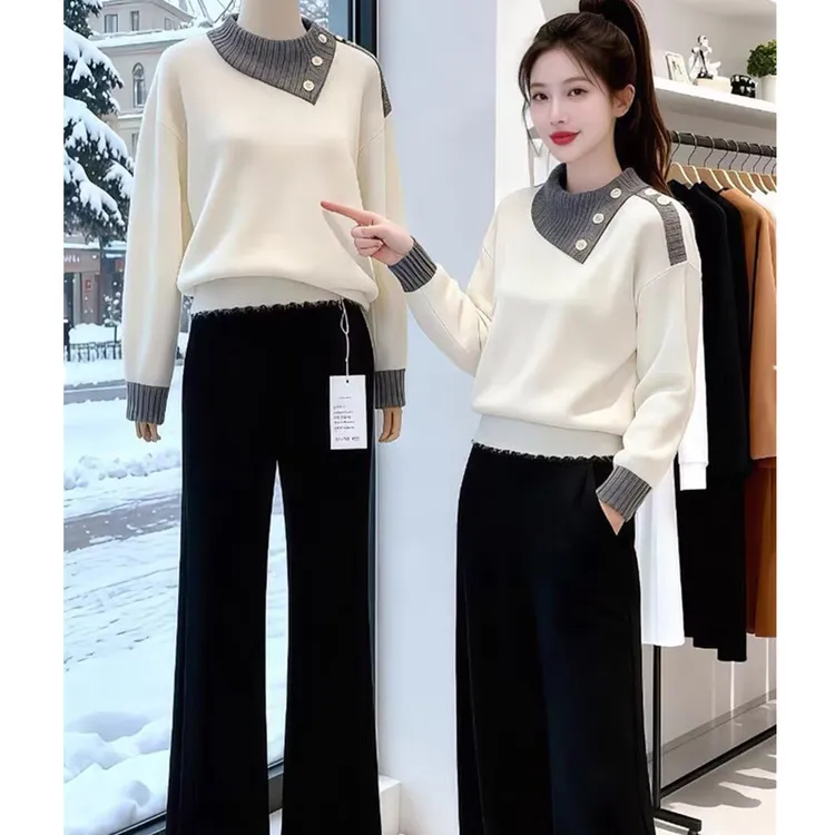 2025冬季新款老钱风拼色翻领针织衫毛衣高级感休闲气质长袖上衣潮