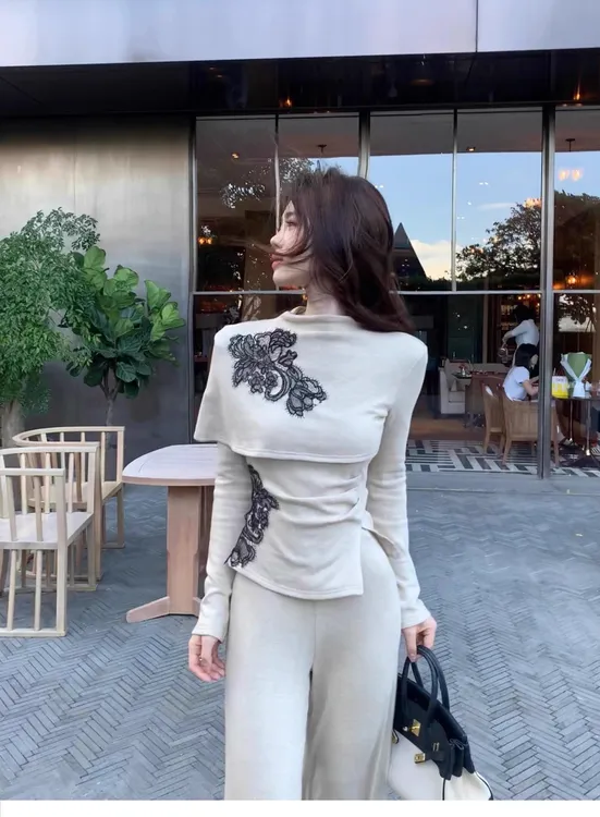 新中式套装早秋季半高领刺绣长袖针织衫上衣阔腿裤子两件套3454#