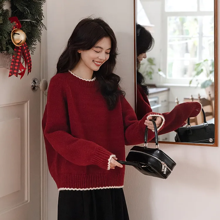 新年红色毛衣女2025秋冬季新款时尚百搭设计感宽松圆领长袖针织衫