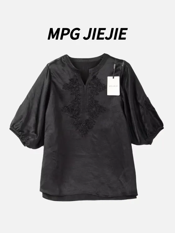 MPG JIEJIE【云栖月】春夏大码V领薄款设计感镂空拼接醋酸衬衣