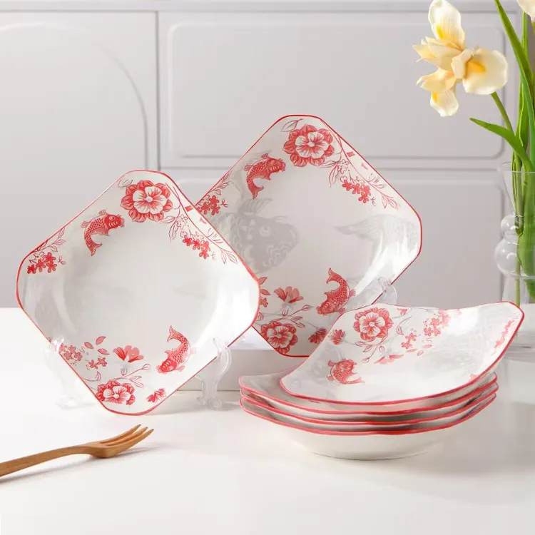 6个装年年有余8.5英寸方盘盘子陶瓷釉下彩餐具