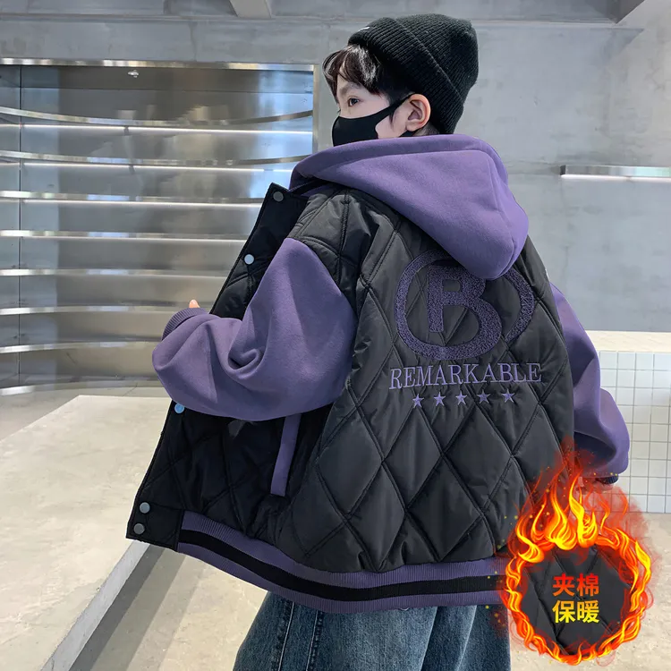 男童假两件棉衣外套2025新款秋冬季洋气中大童加棉棒球服连帽棉袄