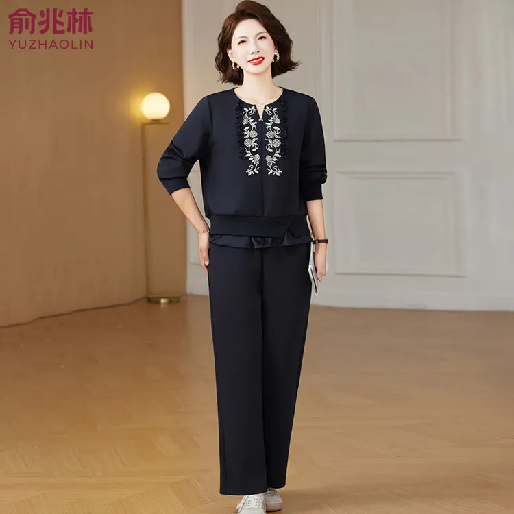 俞兆林中年妈妈秋装套装中老年人女装春秋季设计感长袖上衣两件套