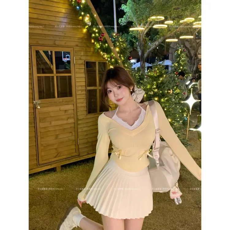 萌面侠芝士【芝士奶酪】棉质蕾丝挂脖上衣高腰百褶半裙7108 6755
