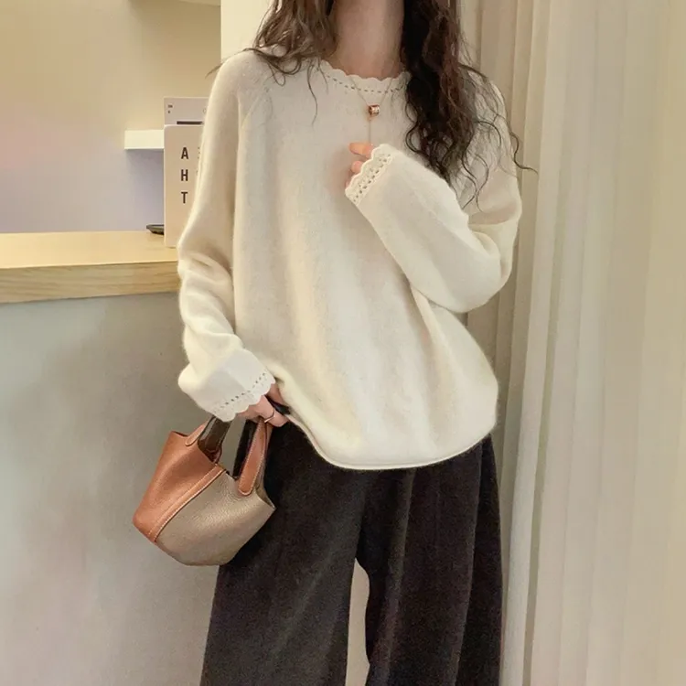 慵懒风圆领针织衫女秋冬蕾丝花边宽松显瘦百搭针织衫时尚打底上衣