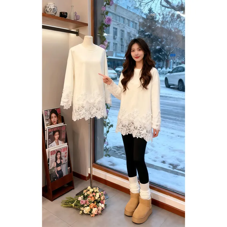 遮肚子蕾丝拼接打底衫女秋冬季新款大码胖妹妹长袖卫衣中长款上衣