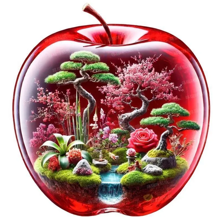 爆款唯美3D立体水晶苹果贴画微景观迎客松系墙贴防水自粘贴纸