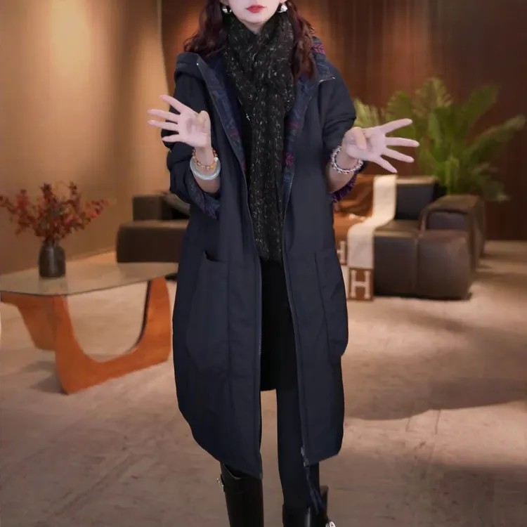 时尚加厚保暖双面穿连帽棉服2025冬季新款宽松显瘦中长款棉衣外套